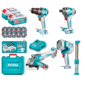 Taladro Percutor 66Nm+ Atornillador de impacto 285Nm + Esmeril 115mm +Linterna + LamparaTotal Tosli250692